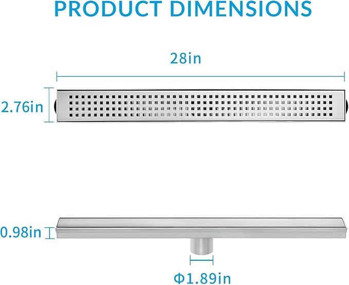 28 Inch Removable Cover Linear Shower Drain 304 Stainless Steel Rectangular Floor Drain for Kitchen Bathroom Square Hole Pattern Drain with Accessories Hair Strainer Adjustable Leveling Feet (Silver)