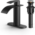 FORIOUS Waterfall Matte Black Bathroom Faucet 1 Hole, Single Handle Bathroom Sink Faucets for 1 or 3 Hole with Deck Plate, Metal Pop up Drain, cUPC Hoses for Vanity, Basin, Rv, Lavatory Sink