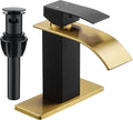 FRANSITON Waterfall Bathroom Faucet Lavatory Single Handle 1 or 3 Hole Bathroom Sink Faucet Washbasin Faucet with Deck and Pop-up Drain (Black & Gold, Short)