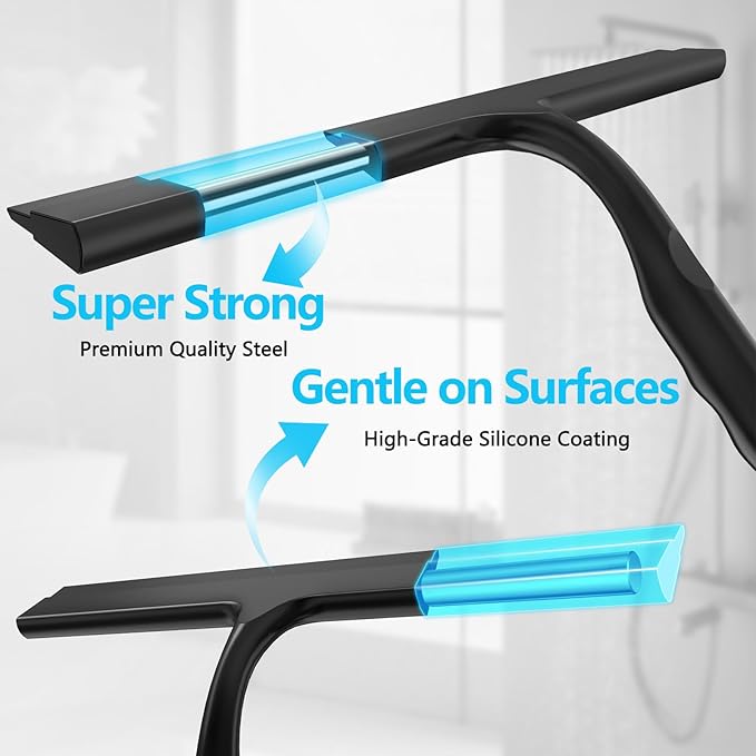 Shower Squeegee for Glass Doors, 2-in-1 Silicone Shower Squeegee with Hook,Hang Anywhere | Streak-Free Bathroom Squeegee | Household Window Mirror Squeegee for Bathroom, Glass, Tile Wall, Car(Black)