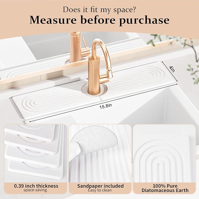 Faucet Mat for Kitchen Sink, Super Absorbent Diatomite Fast Drying Stone, Sink Splash Guard and Bathroom Stone Tray, Stone Drying Mat for Counter (White, 15.8" x 4")