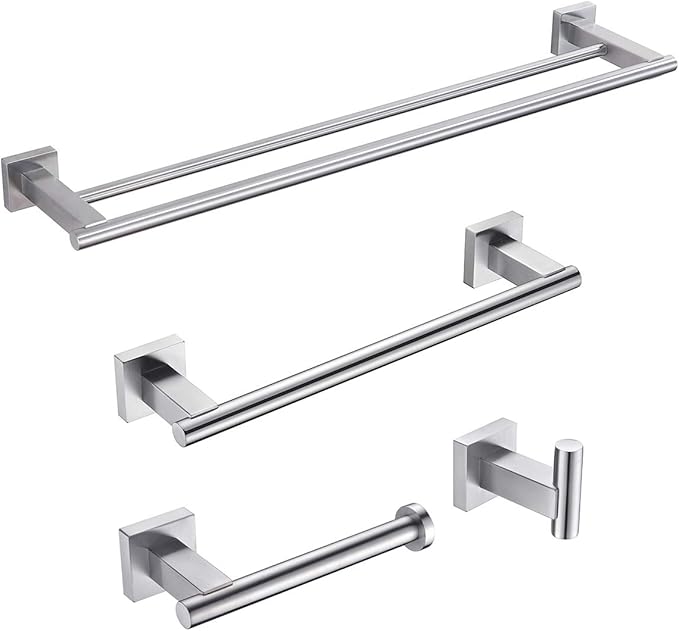 Miyili Bathroom Accessories Set 4-Piece Bath Hardware Kit Brushed Stainless Steel Wall Mount - Includes Double Towel Bar, Hand Towel Rack, Toilet Paper Holder, Robe Hook, BS02N4