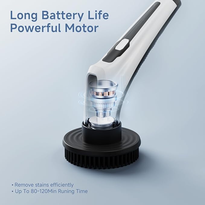 Electric Rotary Cleaner, Adjustable Long Handle Electric Cleaning Brush, 8 Replaceable Brush Heads, 2 Speeds, Handheld Electric Multifunctional Cleaning Brush (Black&White)