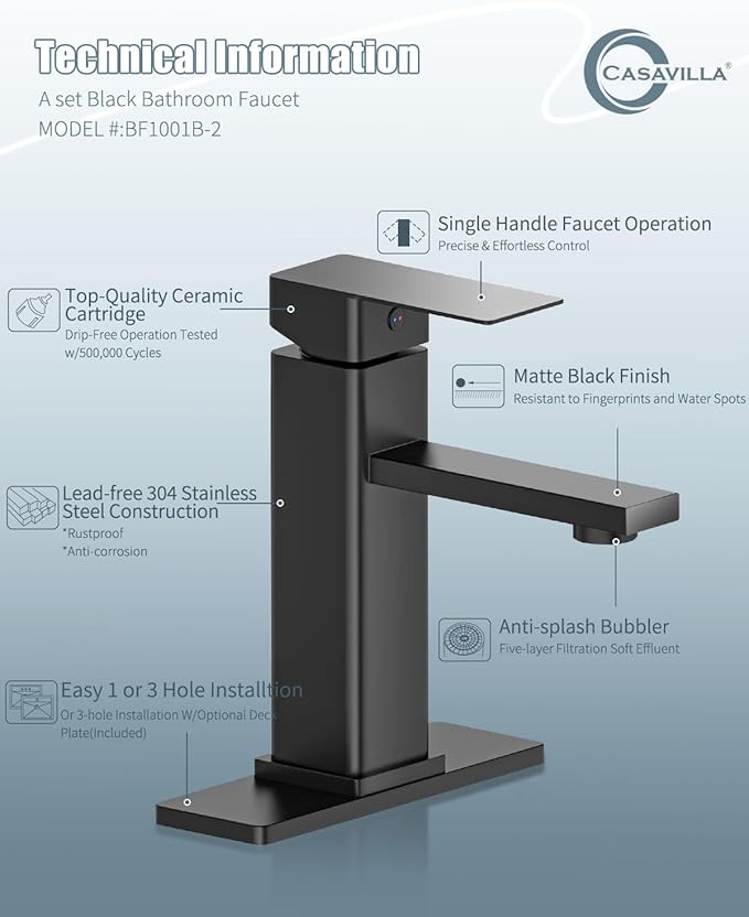 Bathroom Faucets Set with Pop Up Drain, Modern Single Handle Black Bathroom Sink Faucet w/Deck Plate(1 or 3 Hole), Farmhouse RV Vanity Sink Faucet-2 Sets, baño lavamanos Llave