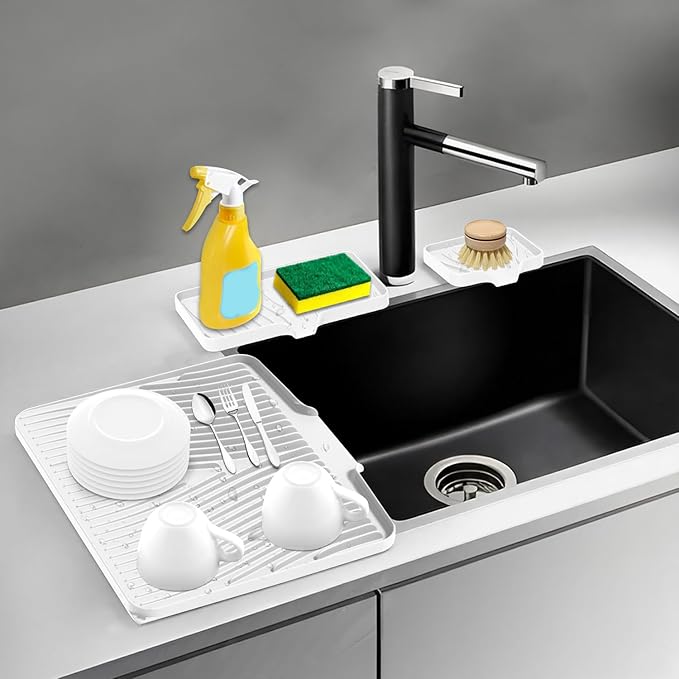 Silicone Dish Drying Mat for Kitchen Counter, Dish Drying Pad, Non-Slip Drain Pad with Built-in Drain, Heat Resistant Stone Drying Mat, Ivory-1Set