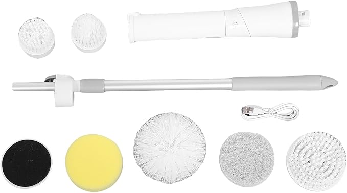 Electric Scrubber, 25W Cordless Brush with 6 Brush Heads, 2 Speeds, Adjustable Length, IPX6 Water Proof, for Bathroom Kitchen Tile Floor