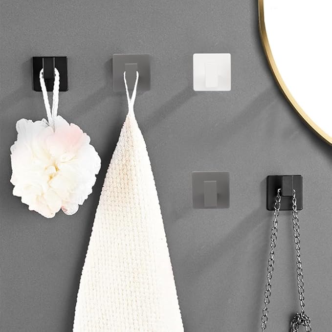 Bath Towel Hooks, 6 Pack Self Adhesive Square Coat Hooks, Sturdy No Drilling Robe Hook, Heavy Duty Aluminum Clothes Hanger, Wall Hooks for Bathroom Bedroom Kitchen (2 in, White)