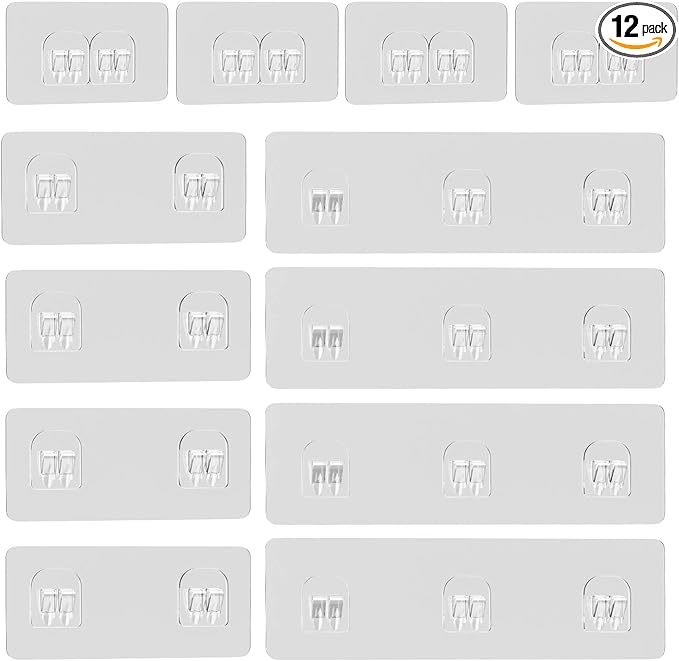 Lsnisni 12 Pack Shower Caddy Adhesive Replacement, Shower Adhesive Strips, Strong Adhesive Hooks, Waterproof Sticker, No Drilling, for Bathroom Shelf and Kitchen Racks