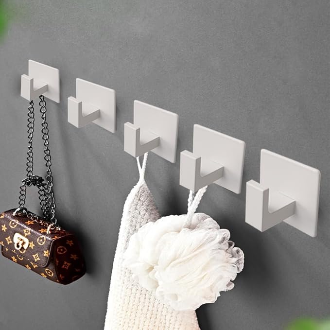 Bath Towel Hooks, 4 Pack Self Adhesive Square Coat Hooks, Sturdy No Drilling Robe Hook, Heavy Duty Aluminum Clothes Hanger, Wall Hooks for Bathroom Bedroom Kitchen (2 in, White)