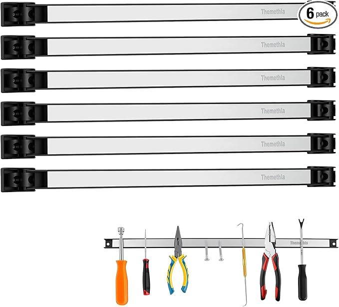 18" Magnetic Tool Holder Strip, 6 Pieces Silver Metal Tool Organizer Rack with Stainless Steel Surface, Magnet Bar for Garage Workshop, Easy To Install with Mounting Screws