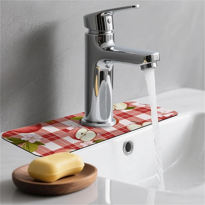 Kitchen Sink Splash Guard，Apple-on a checkered Faucet Mat Sink Gadgets-Super Absorbent Fast Drying Mat Drip Catcher for Kitchen, Bathroom,Sink Mat, Dish Drying Mat, Bathroom(15" X 5.5" )