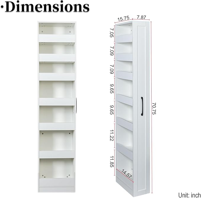 JOYSOURCE Tall Narrow Pull-Out Storage Shelf with Wheels 7-Tier Slim Rolling Storage Spice Rack Next to Fridge Utility Cart Single-Sided for Small Spaces, Kitchen, Laundry Room, Bathroom White