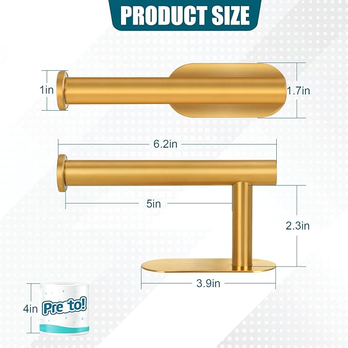 Gold Toilet Paper Holder, 304 Stainless Steel Toilet roll Paper Holder Rustproof for Bathroom, Kitchen and Washroom, 3M no driiling Wall Mount DG-TPA23