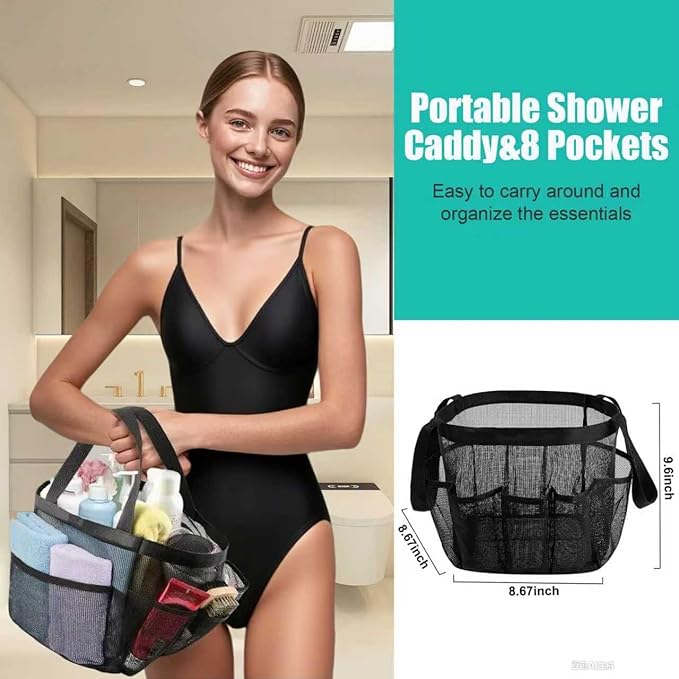 Mesh Shower Caddy Portable for College Dorm Room Essentials organizer, 8-Pocket Large Capacity, Quick Dry Shower hanging Caddy Dorm Basket for Bathroom Beach, Toiletry,Swimming, Gym,Camping (Black)
