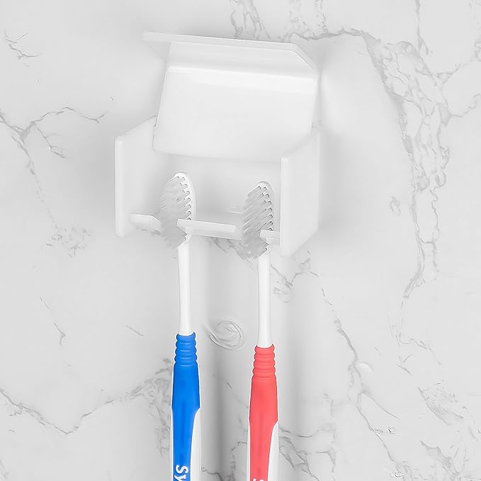 Toothbrush Holder Wall Mounted with Cover for Bathroom, 2 Slots Toothbrush Storage Organizer for Shower, Self Adhesive Toothbrush Hanger Rack for Dorm, Cabinet (White)