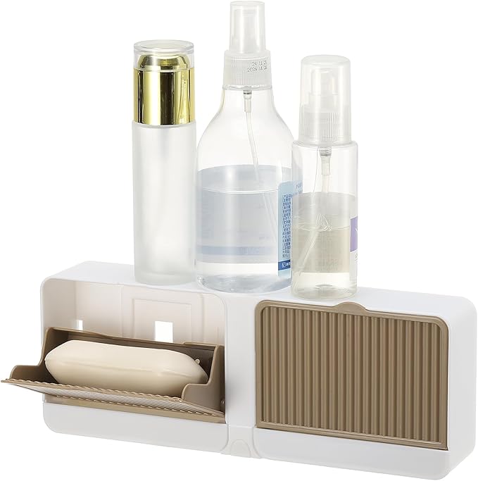 uxcell Soap Holder with Hook, 10 x 3.94 Inches Double Grid Wall Mounted No Drill Soap Dish for Shower, Bathroom & Kitchen - Self Draining Design Keeps Soap Dry (Khaki)