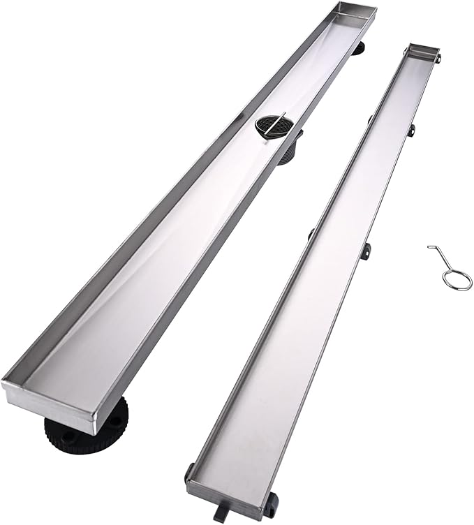 Linear Shower Floor Drain, 32 Inch Brushed Nickel 304 Stainless Steel Bathroom Drains Kit, Rectangular Shower Trench Drain with Reversable Tile-in Pattern Drain Cover & Hair Catcher
