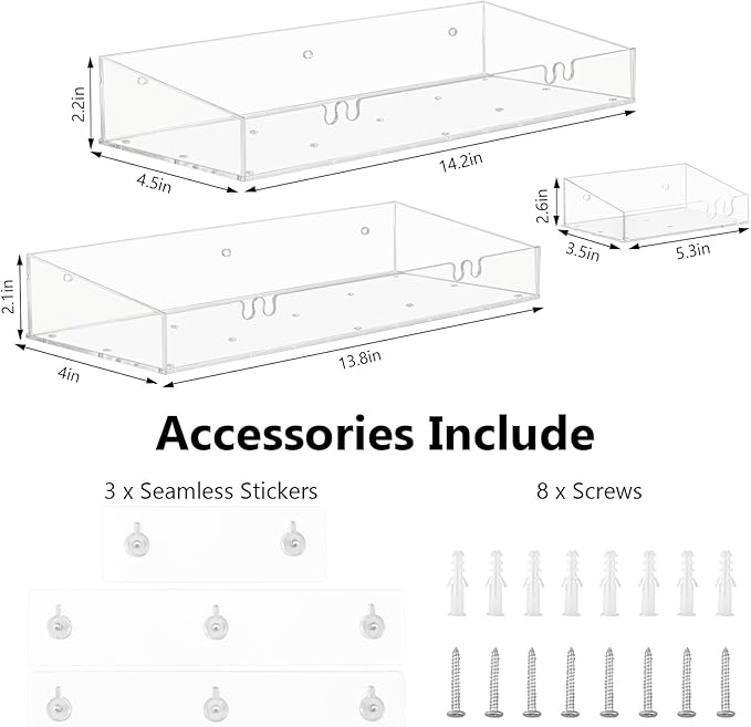 Acrylic Shower Caddy with Soap Dish, 3Pack Clear Adhesive Bathroom Shower Shelves Organizer, Transparent Floating Shelf for Wall Storage Shower Mirror, With Hook