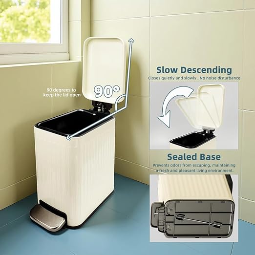 Small Bathroom Trash Can with Lid,6 Liter / 1.6 Gal Slim Trash bin/Step Pedal/Soft Close, Stainless Steel Garbage Can for Bedroom, DlY Air Freshener Sheets/Removable Inner Bucket