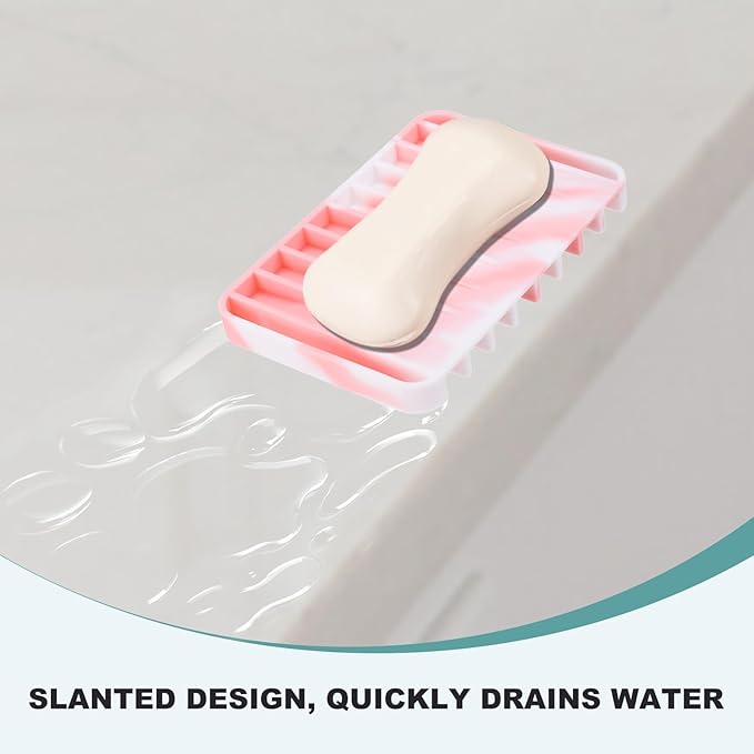 uxcell 2 Pcs Self Draining Silicone Soap Dish, Soap Tray with Drainage for Bathroom Shower Kitchen Sink, 4.5" x 3.1" x 0.4", Pink/White