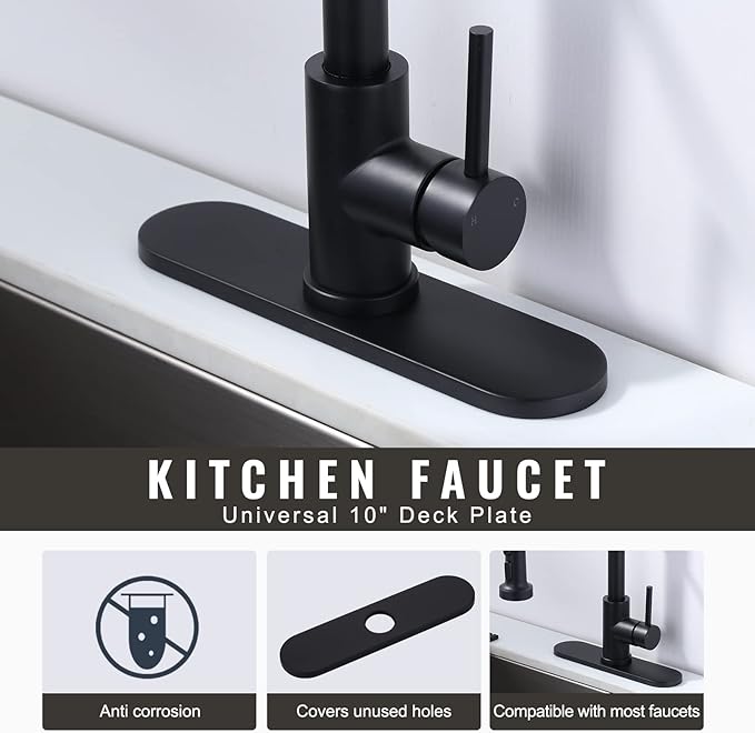10" Sink Faucet Hole Cover Deck Plate (Arc Edge) for Kitchen & Bathroom Vanity Sink, Faucet Black Escutcheon Plate Stainless Steel Outside Faucet Cover Cap for 1 or 3 Hole Mixer Tap