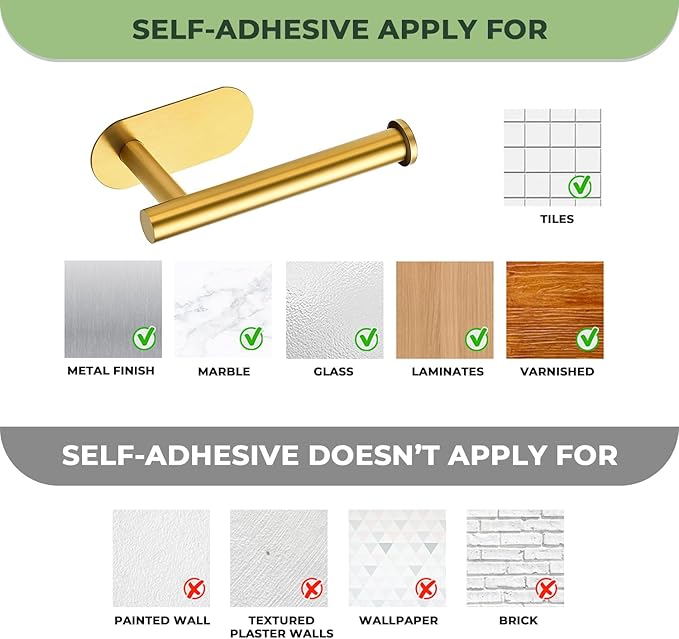 1 Pack Adhesive Toilet Roll Holder Stand - Gold SUS304 Stainless Steel, Rustproof Toilet Paper Holder No Drilling Tissue Holder for Kitchen Bathroom Wall Mount Bathroom Tissue Holder