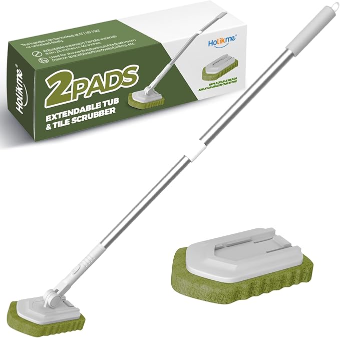 Holikme Brush Set, Scrub Pads Scrubber Brush with Extend Long Handle Clean for Grout, Tiles, Sinks, Bathtub, Bathroom
