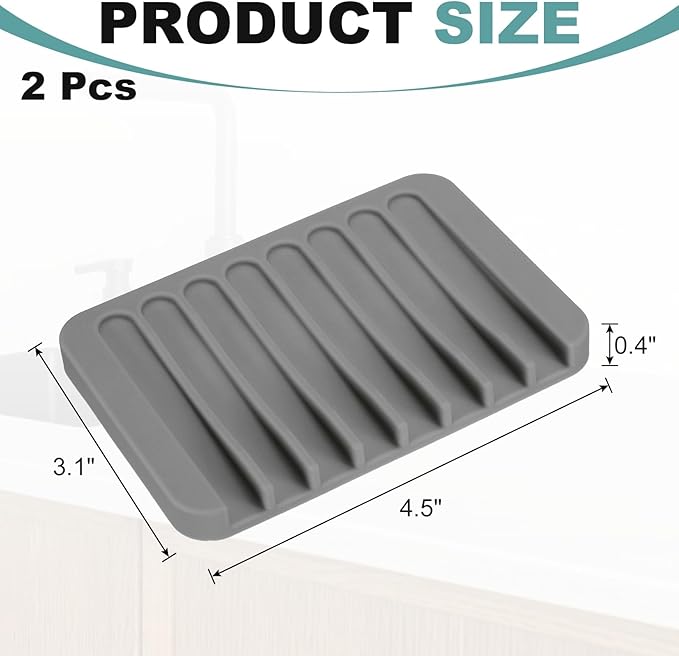 uxcell 2 Pcs Self Draining Silicone Soap Dish, Soap Tray with Drainage for Bathroom Shower Kitchen Sink, 4.5" x 3.1" x 0.4", Light Grey