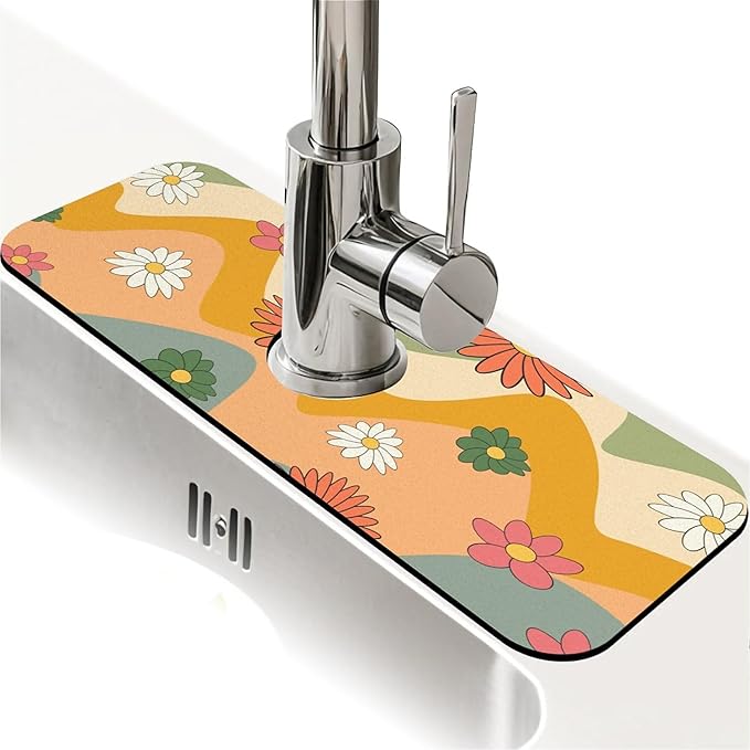 Faucet Draining Mat For Kitchen Sink, 70s Groovy Flowers Diatom Mud Absorbent Drain Pad For Bathroom Kitchen Sink Splash Guard Drying Mat