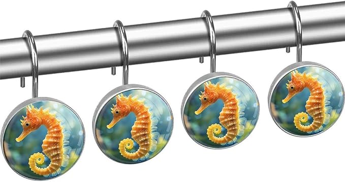 12 Pcs Seahorse Shower Curtain Hooks,Rust Proof Glass Surface Stainless Steel Curtain Rings for Bathroom Bedroom Living Room Kitchen Home Shower Rods Decor