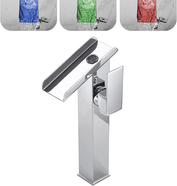 Chrome Bathroom Faucet LED 3 Color Changing Light Waterfall Vessel Sink Faucets Single Handle One Hole Bowl Sink Faucet Vanity Lavatory Deck Mount Bath Mixer Tap Tall Body Modern with Supply Lines