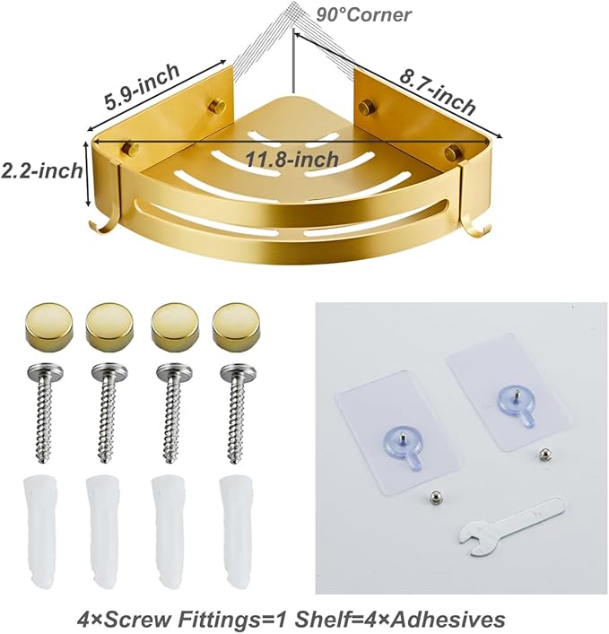 Brushed Gold Bathroom Corner Shelf Wall Mount Shower Organizer Shampoo Holder with Hooks,Adhesive or Drilling