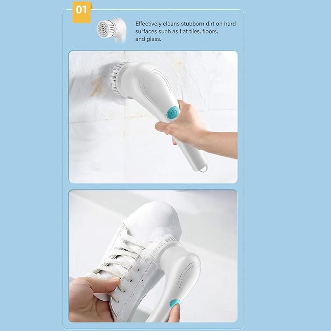 Electric Spin Scrubber, Cordless Bath Tub Power Scrubber Rechargeable Handheld Brush Scrubber with 5 Replaceable Brush Heads for Kitchen Bathroom Sink Window Bathtub