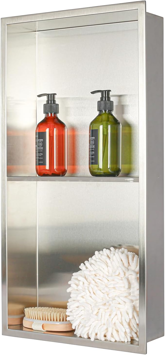 Stainless Steel no Tile Needed Metal Niche,Double Shelves，Stainless Steel Finished Shower Insert Wall Niche(Brush, 24 * 12 in)