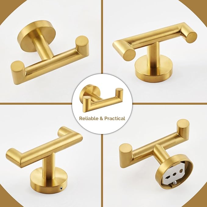 Angle Simple Towel Double Hook Brassy Gold 2 PCS, SUS304 Stainless Steel Bathroom Hand Towel Holder, Double Robe Hook, Wall Mount