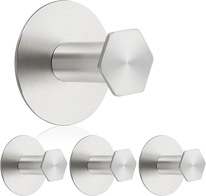 SAYAYO Adhesive Hooks for Hanging Coat, Hat, Robe, Brushes, Stick on Towel Hooks for Bathroom Kitchen, Waterproof SUS304 Stainless Steel Sticky Wall Hooks, No Nails, 4 Pack, Brushed Nickel