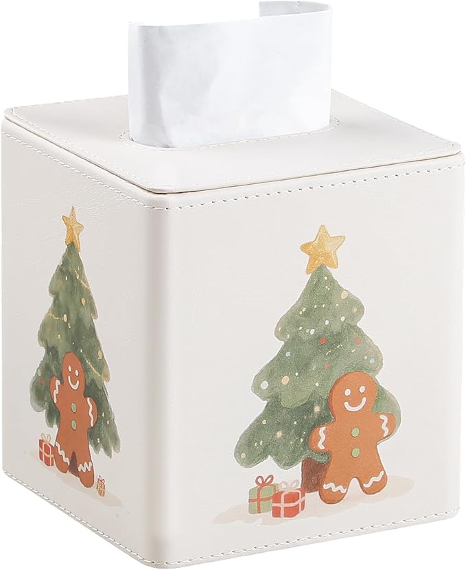 PU Leather Tissue Box Cover Square Tissue Box Holder with Magnetic Closure (Christmas Style)
