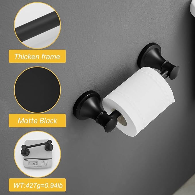 BESy Wall Mounted Toilet Paper Roll Holder Rustproof Toilet Tissue Holder Bathroom Flexible Pivoting Handle Tissue Roll Holder, Matte Black, Stainless Steel