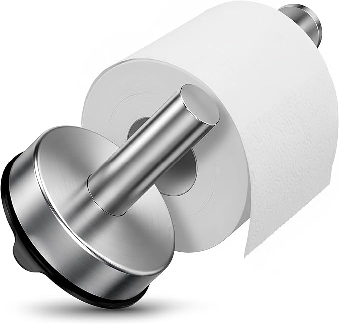 Stainless Steel Toilet Paper Holder with Suction Cup, No Drilling Wall Mounted Bathroom Tissue Roll Holder Brushed Nickel, Removable Vacuum Suction Base for Bathroom, Apartment, RV