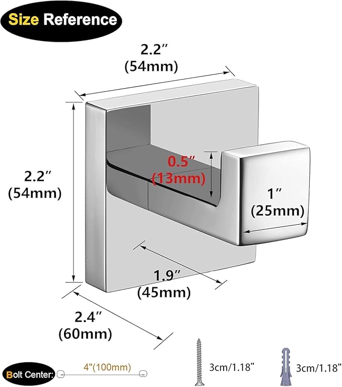 Nolimas Towel Hook Stainless Steel Bathroom Rustproof Clothes Towel Coat Hook Wall Mounted Square Toilet Kitchen, Heavy Duty Door Hanger, 1 Pack, Chrome Polished