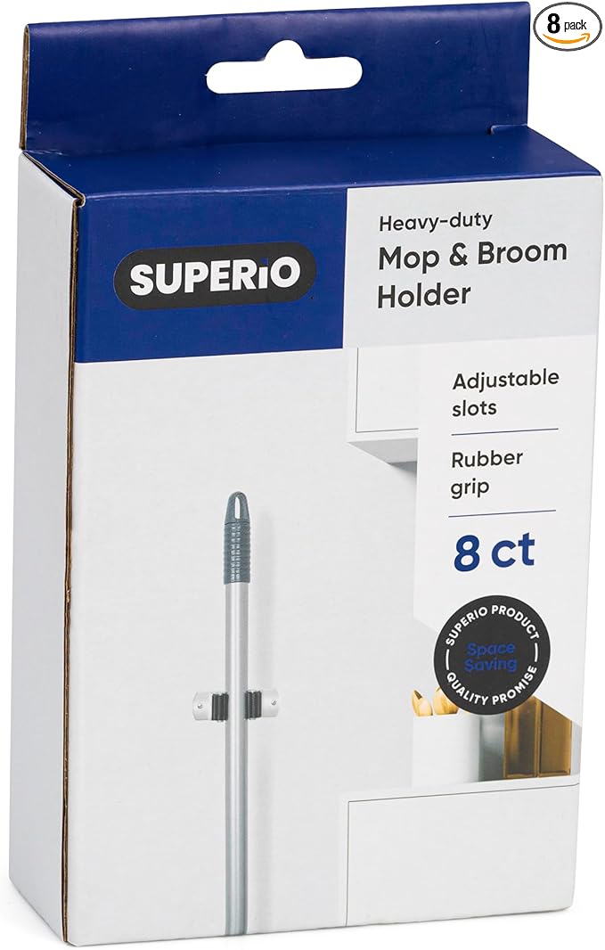 Superio Mop and Broom Holder, Set of 8 Single Piece Hooks, Stainless Steel Wall Mount Cleaning Storage Tool Organizer, Heavy-Duty Hook for Kitchen, Closet Garage, and Office
