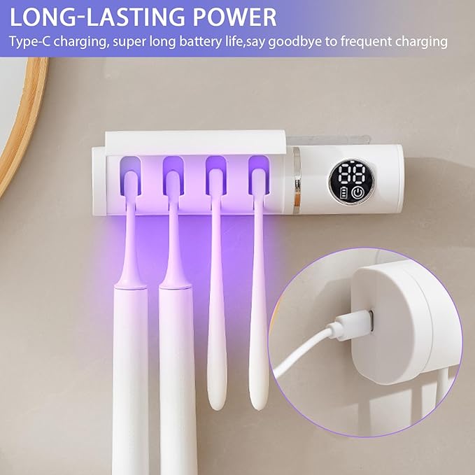 Toothbrush Holders for Bathroom, Smart Automatic Cleaning and Recirculating Air Dry, LED Display, Rechargeable Wall Mounted Toothbrush Holder, Creative Fashion Bathroom Accessories (White)