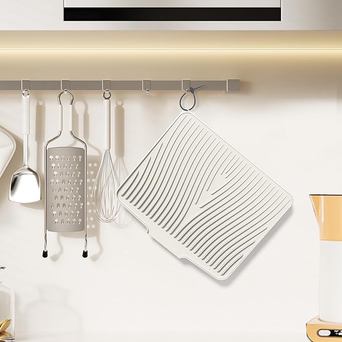Silicone Dish Drying Mat for Kitchen Counter, 15.8" x 13"Dish Drying Pad, Non-Slip Drain Pad with Built-in Drain, Heat Resistant Stone Drying Mat, Cream