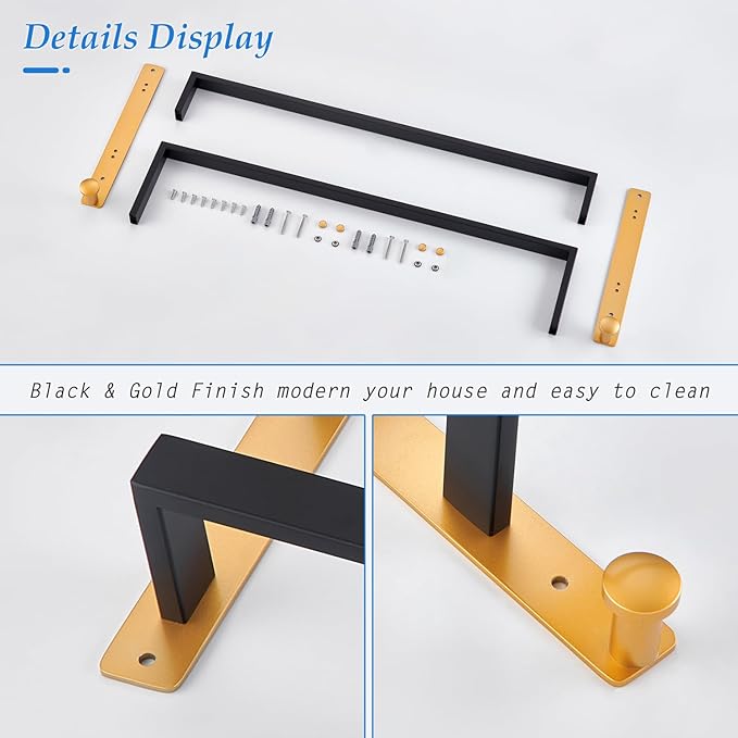 24 Inch Double Towel Bar with Hooks Black & Gold, Wall Mounted Towel Holder for Kitchen Bathroom, Stainless Steel Towel Rack
