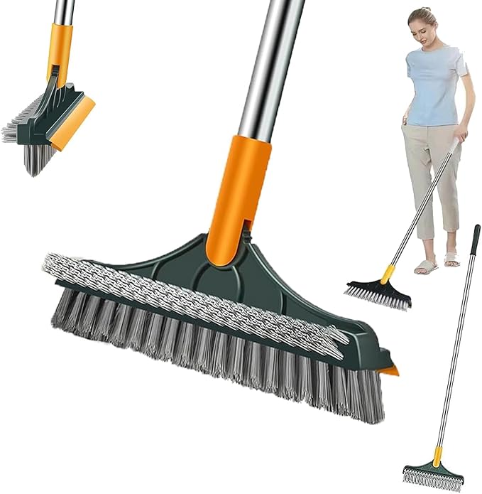 Bloame Cleaning Brush, 3 in 1 Floor Scrub Brush with Squeegee, 180° Rotating Long Handle Grout Crevice Brush, Heavy-Duty Soft Scraper for Cleaning Bathroom, Glass, Kitchen & Patio (Green)