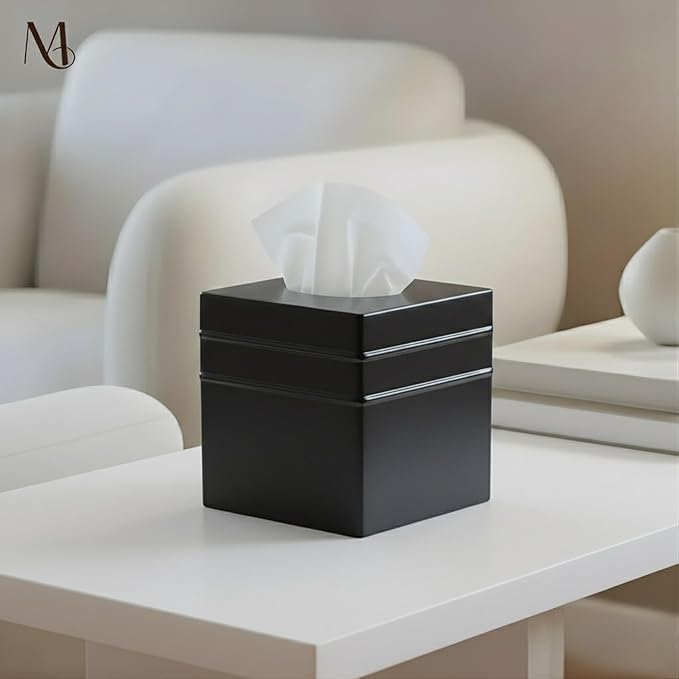 Monarch Abode Tissue Box Cover Square – Handcrafted Border Embossed Black Metal Tissue Holder Box for Bathroom Accessory, Aesthetic Decorative Facial Napkin Cube for Modern Home Decor