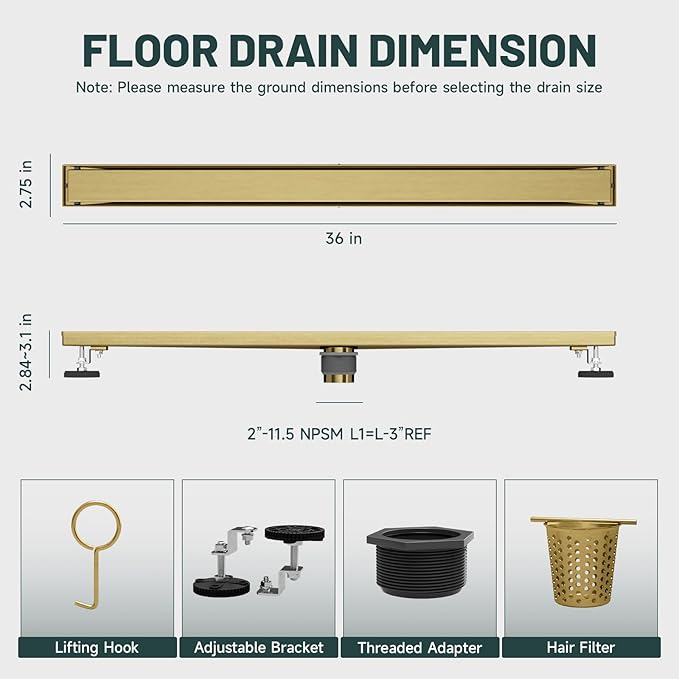36-Inch Linear Shower Floor Drain, Stainless Steel Bathroom Floor Drains, Rectangular Shower Trench Floor Drain, Hair Strainer, Brushed Gold