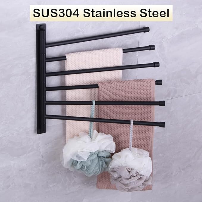 Swivel Hand Towel Bar Bathroom Swing Hanger Towel Rack Holder Matte Black Finish, Wall Mounted, 6-Arm