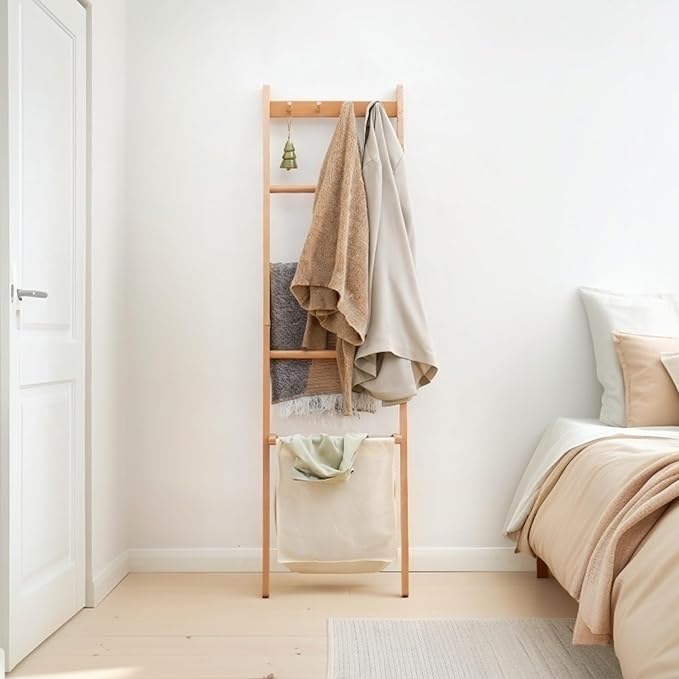 Beech Wood Blanket Ladder, 5.3ft Natural Farmhouse Quilt Holder with Top Hooks, 4-Bar Decorative Throw Rack, Towel Shelf for Living Room, Bedroom, Small Space Storage (Natural Cloth Bag)
