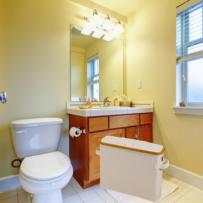 Toilet Paper Basket With Lid for Mega Rolls, Large Bamboo Organizer Holder Stand for Bathroom, Enclosed Tissue Storage Bin Box Container, Free Standing, Beige